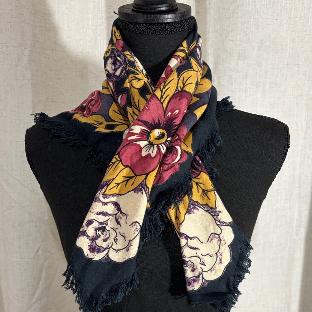 Vintage Putumayo Floral Patterned Scarf - Black, Yellow, Red
